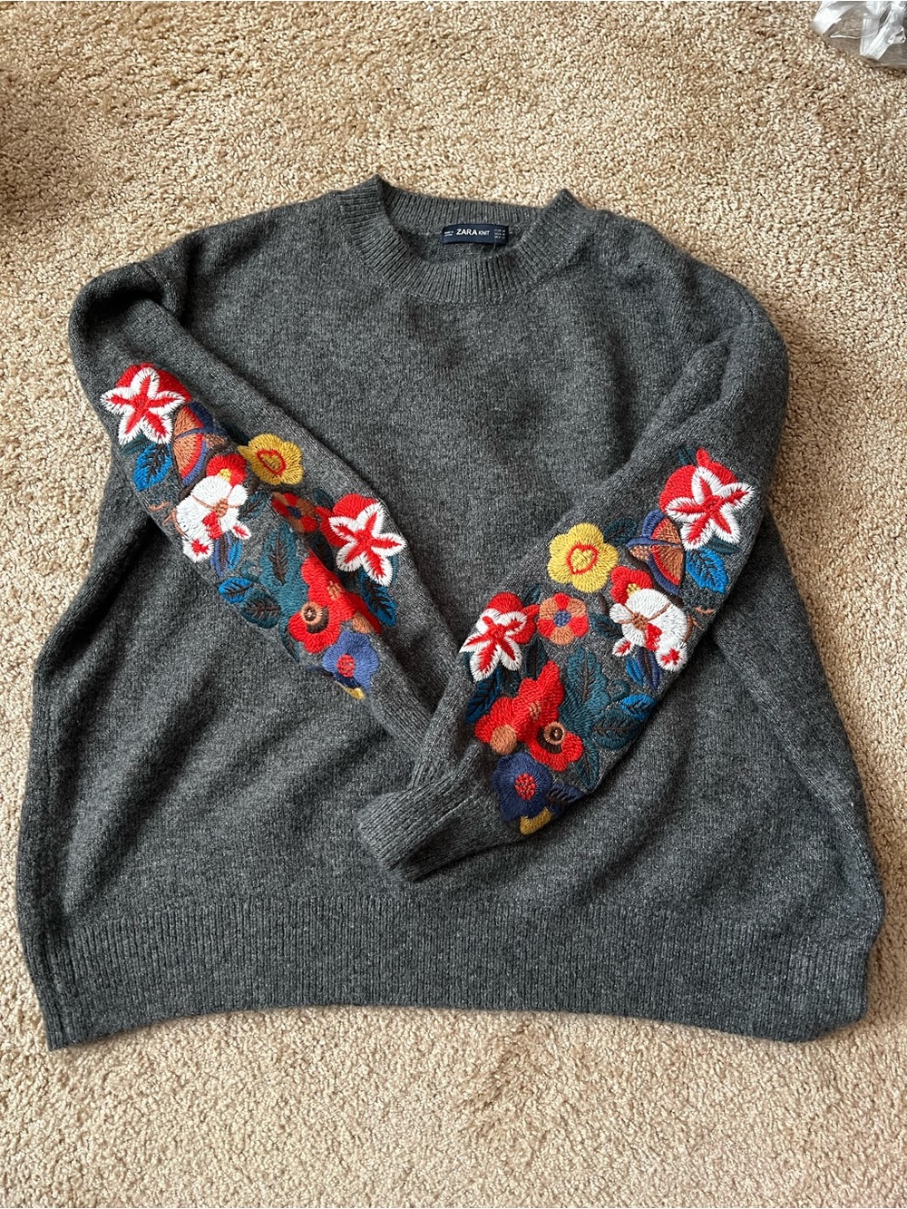 Zara Dark Gray Crewneck Sweater with Embroidered Floral Sleeves